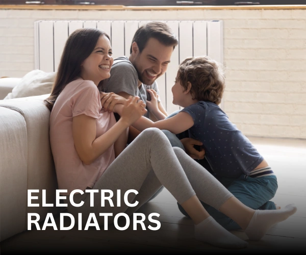 A happy family playing on the ground, with an Elnur RDW electric radiator installed on the wall behind them