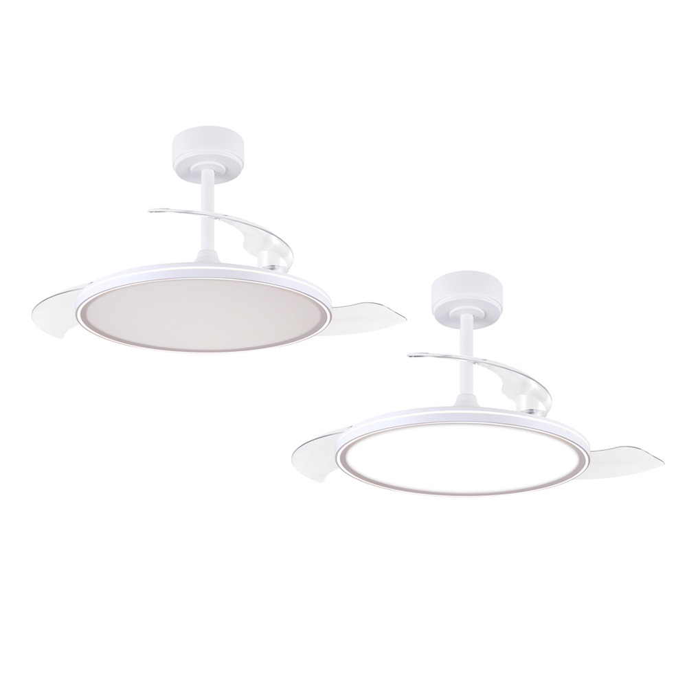 VARYS 91 PRO ceiling fan, with one image with the light on and one with the light off